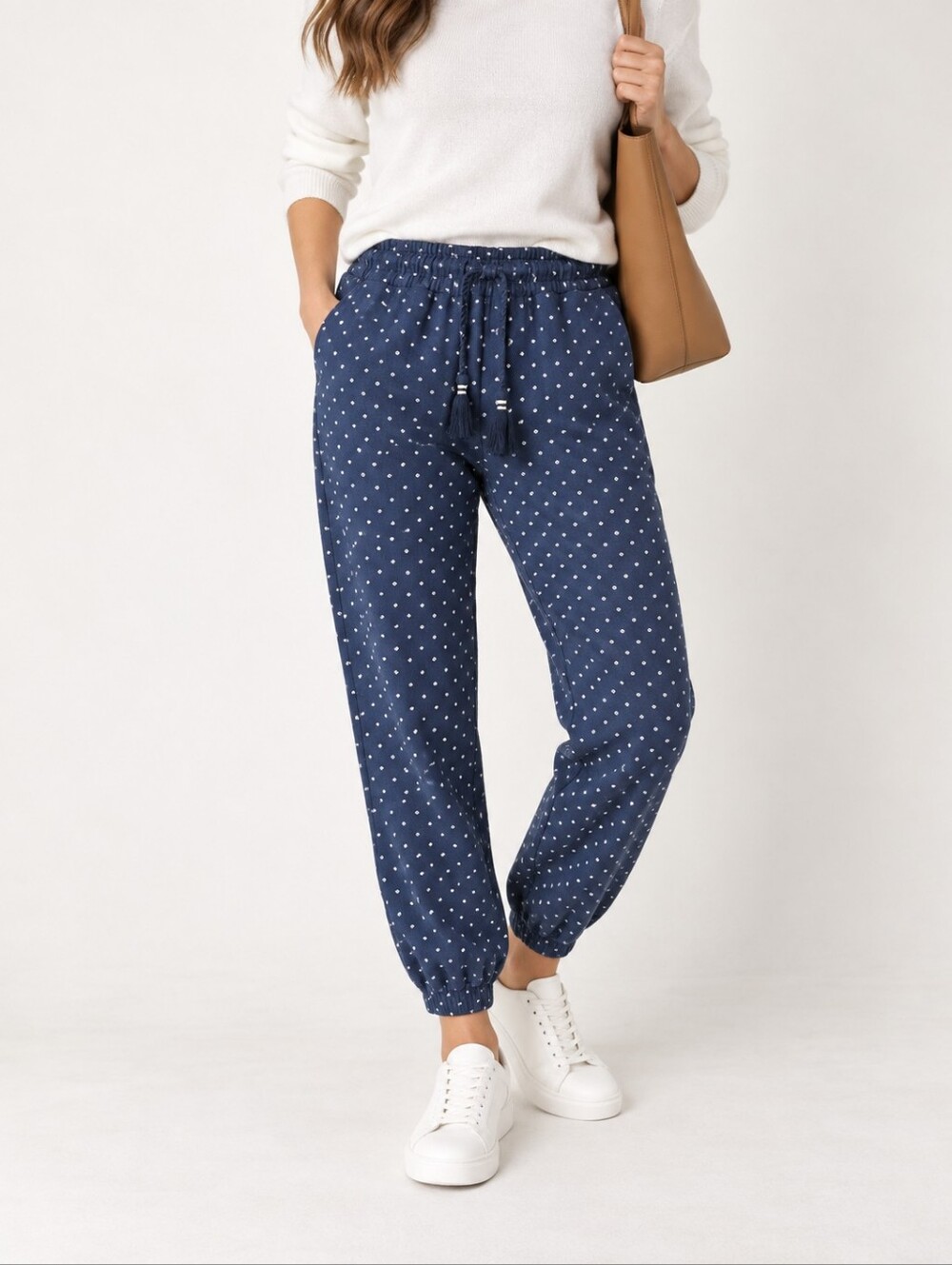 Ann Taylor Petite Navy Dot Print Cotton Jogger Pants Pull On MP Loungewear